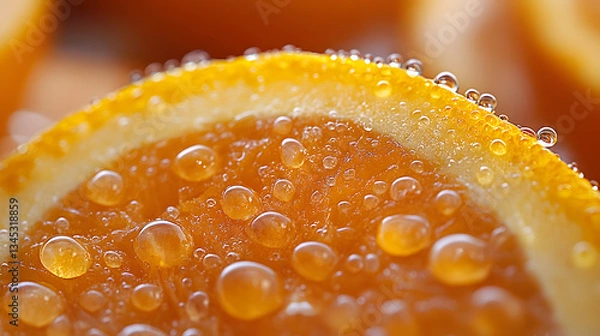 Fototapeta Macro Shot of Fresh Orange Slice with Water Droplets