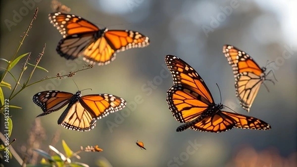 Fototapeta A vibrant image showcasing several monarch butterflies in flight against a blurred natural background