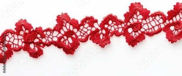 Fototapeta Red lace trim isolated on a white background, close-up