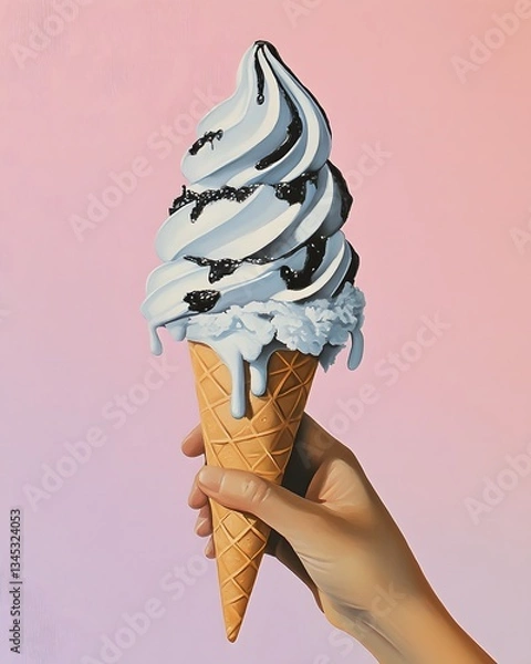 Fototapeta hand holding vanilla soft serve ice cream cone with chocolate syrup on pastel background.