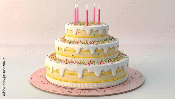 Fototapeta A three tier cake with white frosting pink candles and colorful sprinkles on a pink background