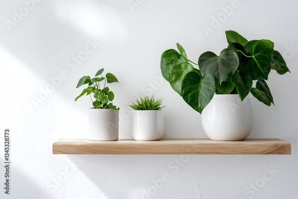 Fototapeta Indoor Plants on Shelf: A minimalist composition featuring three potted plants against a plain white wall.
