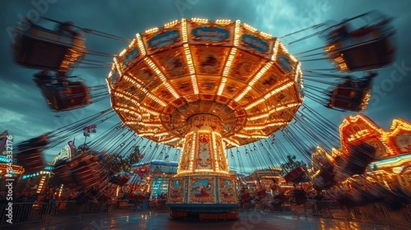 Fototapeta Exciting Carnival Ride at Amusement Park Night Scene Colorful Lights Dynamic Atmosphere