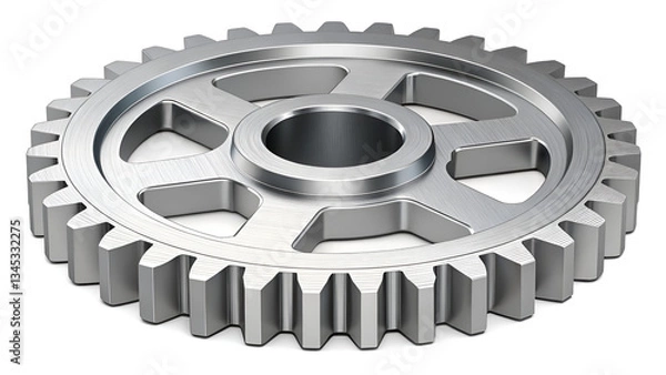 Fototapeta Close up of a shiny metal gear with teeth and inner circle on a white background studio shot