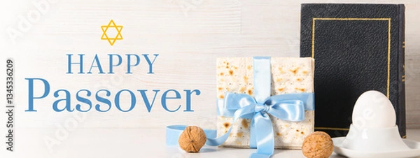Fototapeta Passover, matzah with a book, egg, nuts and greeting text, on a light background