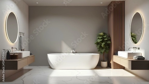 Fototapeta Modern bathroom featuring a white bathtub and sink, with sleek fixtures and minimalist design elements