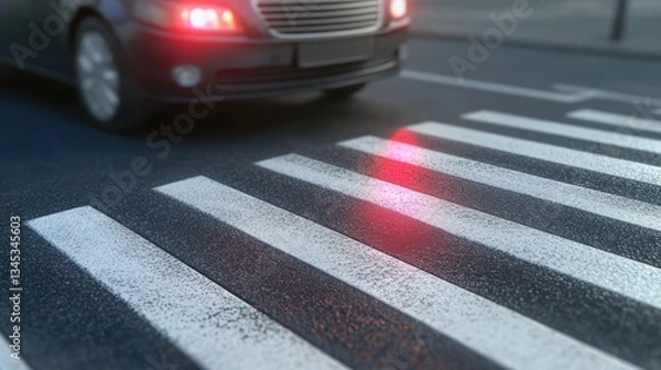Obraz A Car Approaching a Crosswalk With Its Headlights Illuminated