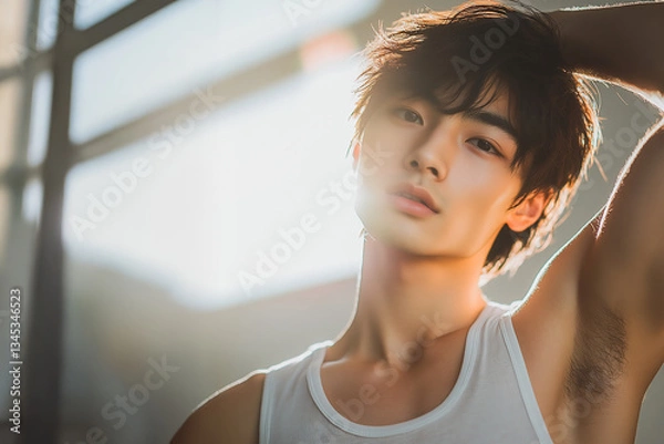 Obraz イケメン男性がタンクトップを着て脇の下を見せている