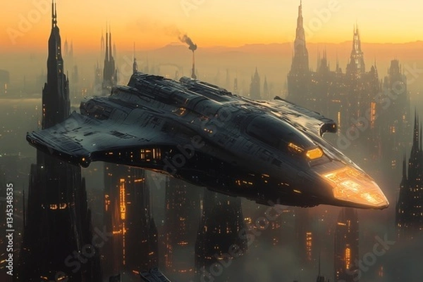 Fototapeta Futuristic Spaceship Over Cityscape