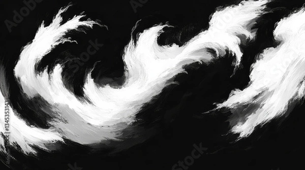 Fototapeta Dynamic abstract ink art with swirling white brushstrokes on black background, evoking sense of movement and fluidity. contrast between light and dark creates dramatic visual impact