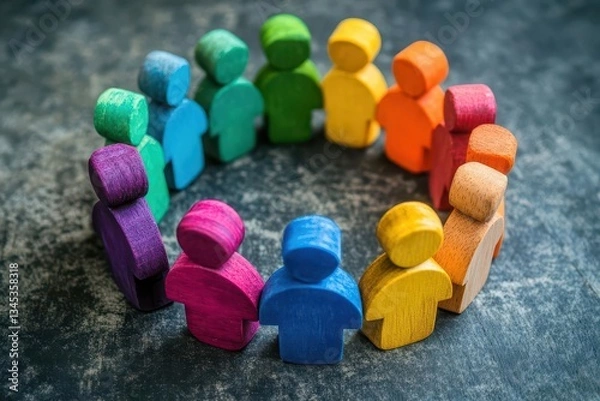Fototapeta abstract wooden figures in various colors and sizes arranged in inclusive circle formation representing unity and diversity