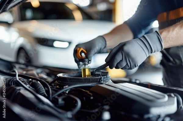 Fototapeta Mechanic performing oil change on car engine.