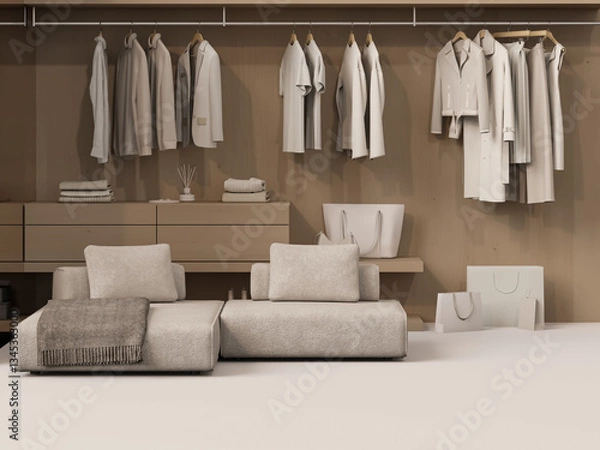 Obraz Clothes wadorable on beige background, wooden shelf on cream background. Collection of clothes hanging on a rack in neutral beige colors. 3d rendering, store and bedroom concept	