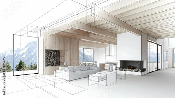 Fototapeta Modern Open Concept Living Room With Mountain View