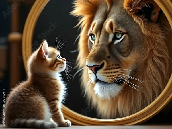 Obraz Adorable kitten sees lion in mirror, powerful reflection, growth mindset, animal metaphor