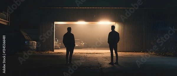 Fototapeta Two unidentified men standing outside an open industrial warehouse at night with dramatic contemporary cinematic lighting creating a moody atmospheric scene