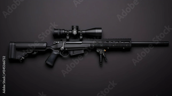 Obraz Black Precision Rifle with Scope Isolated on Dark Gray Background and Shadow