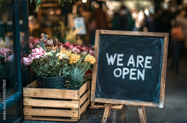 Obraz Welcoming Open Sign with Colorful Floral Arrangements in Wooden Boxes at a Lively Market Place Area  Outdoor Display Background. Highlighted Season Flowers in Arrangement