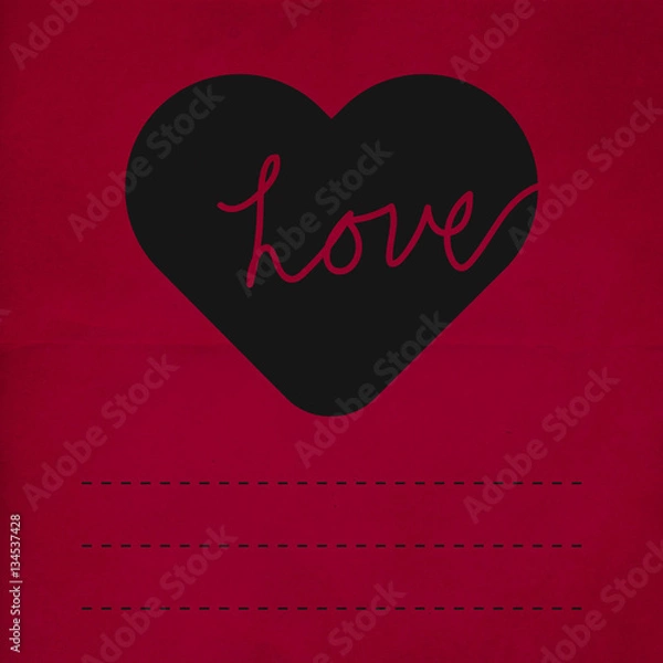 Fototapeta Black Heart with Love on Deep Red Paper with notepad lines