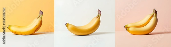 Fototapeta Three Fresh Bananas Displayed Against Vibrant Backgrounds In Various Shades Of Color And Texture.  A Still Life Of Healthy Fruit. Showing A Tasty Treat  For A Delicious Snack or