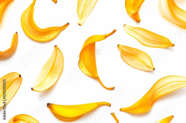 Fototapeta Scattered Yellow Banana Peels On A White Surface Creating A Bright And Cheerful Atmosphere On A White Background. Fruit Peels Provide A Vibrant Texture On A Light Surface. A