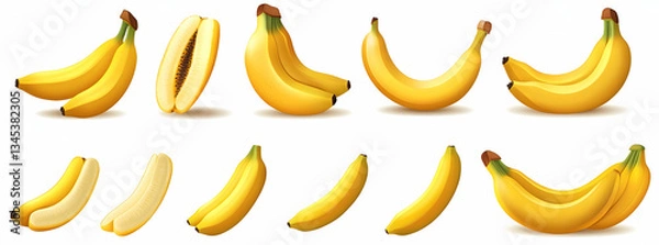 Fototapeta Assorted Fresh Bananas Displayed in Various Positions on White Background