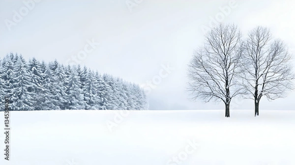 Fototapeta Snowy Winter Landscape With Two Trees