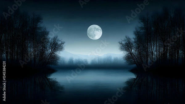 Fototapeta Misty Night Landscape With Full Moon And Silhouetted Trees