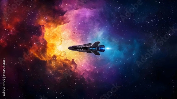 Fototapeta Spaceship Traveling Through Colorful Nebulae In Space