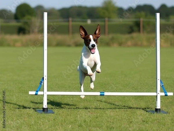 Obraz Jack Russell Terrier jumping agility bar, fully extended, open field setting, athletic dog in motion, small dog sports