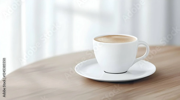 Fototapeta White Coffee Cup On Saucer Placed On A Wooden Table With Natural Lighting