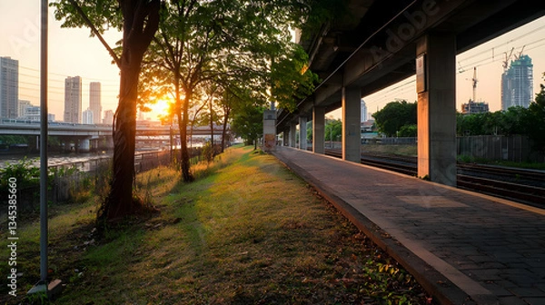 Fototapeta Scenic Urban Sunset View Over River With Trees Path Under Elevated Road Structure In City