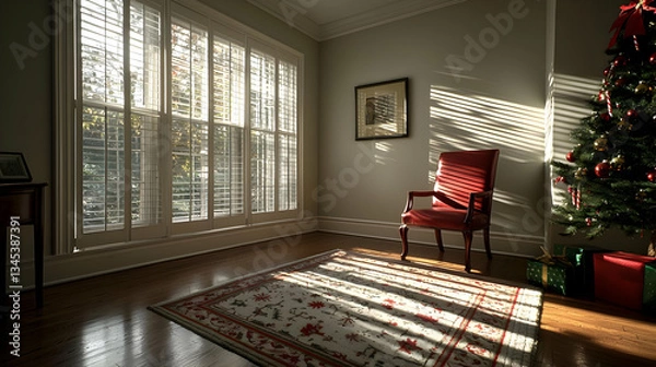 Fototapeta Festive Christmas Room Interior With Decorated Tree And Red Chair Sunlight Shining Through Window Creating Shadows On Floor