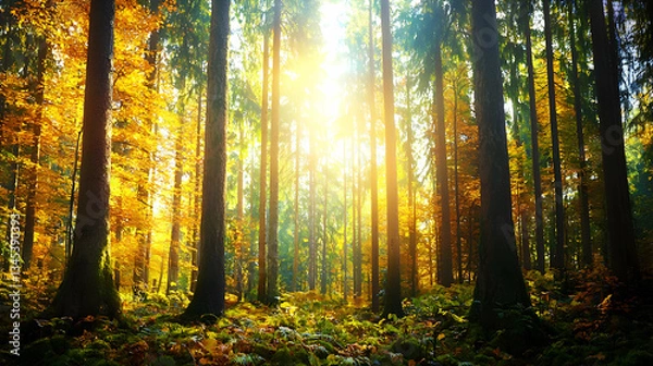 Fototapeta Sunlit Forest Canopy With Golden Autumn Foliage In Vibrant Colors and Light Rays Through Trees