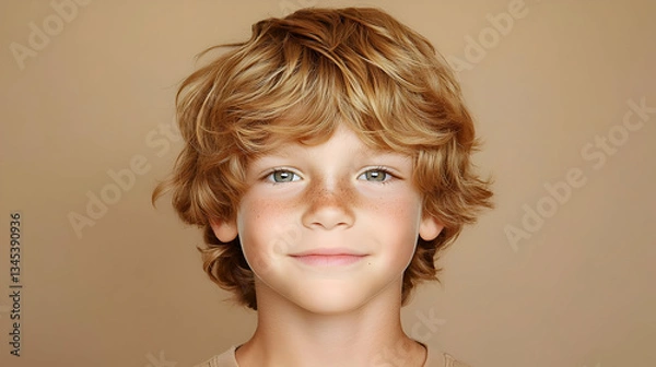 Fototapeta Portrait Of A Smiling Boy With Light Brown Hair And Freckles