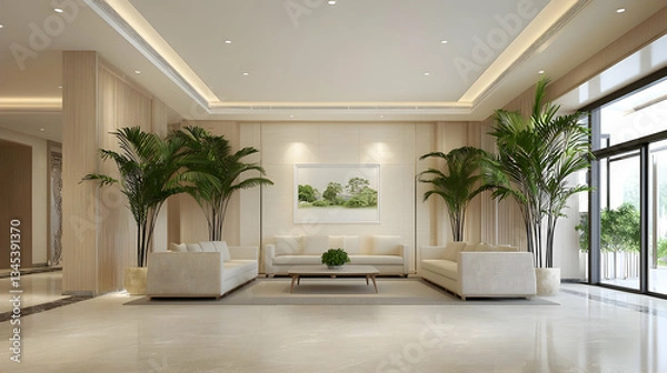 Fototapeta Bright Lobby Interior With Plants Sofas Marble Floor and Artwork in a Modern Setting