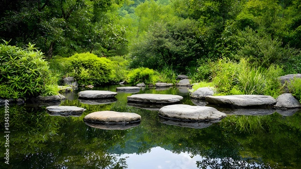 Fototapeta Stone Path Across Calm Water in a Lush Green Garden Reflection with Natural Daylight