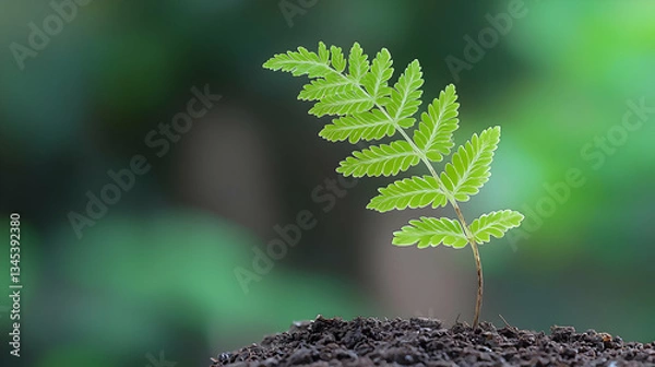 Fototapeta Close Up Of Single Fern Sprout Growing From Dark Soil With Green Blurred Background