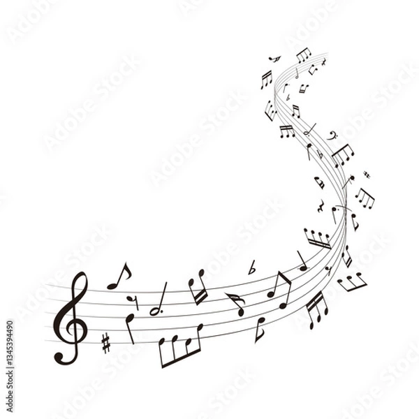 Fototapeta ウェーブ状の楽譜：五線譜の周りを舞う音符の背景ベクターイラスト