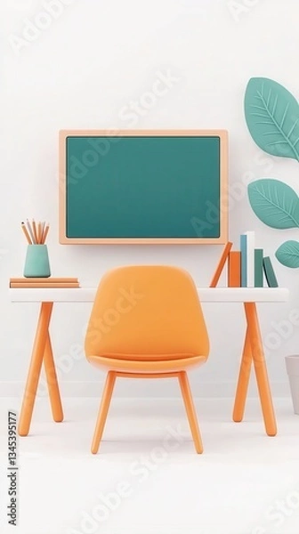 Fototapeta A modern workspace featuring a minimalist desk, orange chair, teal chalkboard, and colorful decor, creating a vibrant and creative environment.
