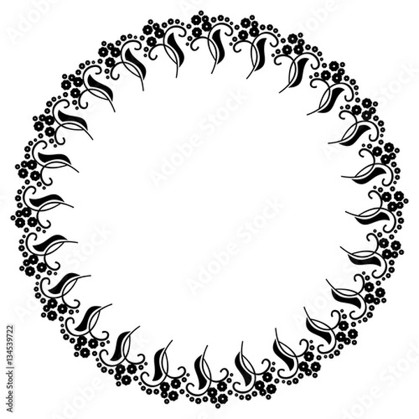 Fototapeta Round black and white frame with abstract decorative flowers. Copy space.