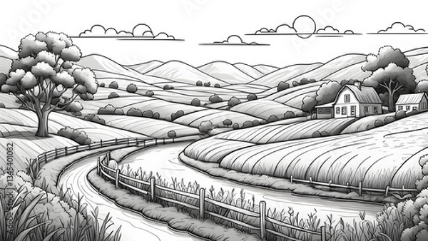 Fototapeta A picturesque grayscale illustration depicts a tranquil countryside scene a winding creek, farmhouses, rolling hills.