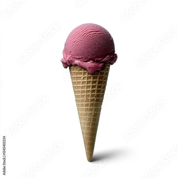 Fototapeta Single scoop of berry ice cream in waffle cone on white background