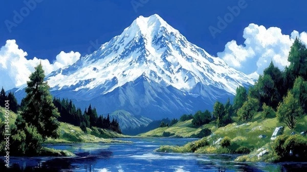 Fototapeta Majestic mountain overlooking a serene valley with a lake. Lush green forests meet the snow-capped peak under a vibrant sky