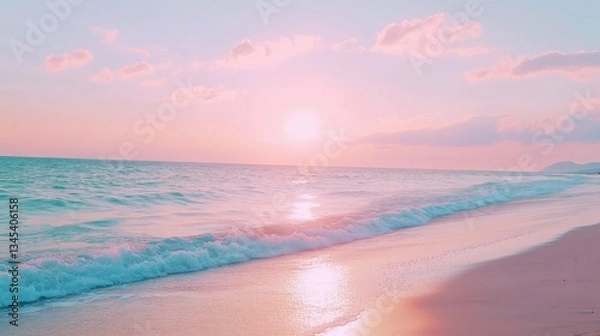 Fototapeta A beach with gentle waves lapping against the shore under a pastel pink sunset sky
