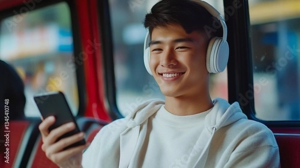 Fototapeta Happy young man listening to music on headphones and using smartphone while commuting on public transport.