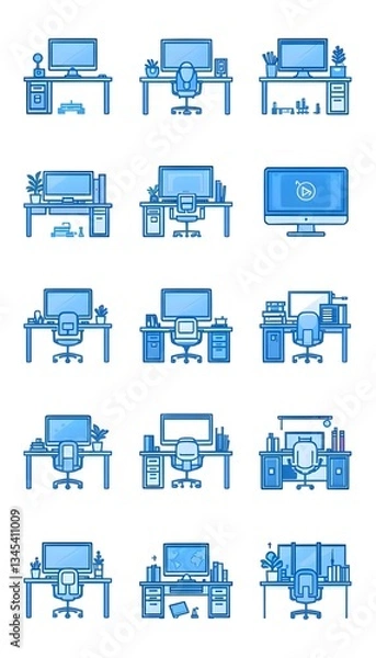 Fototapeta Set of office outline icons in blue color on white background. Collection of desks, computers, projects, etc. Vector illustration. Editable stroke.