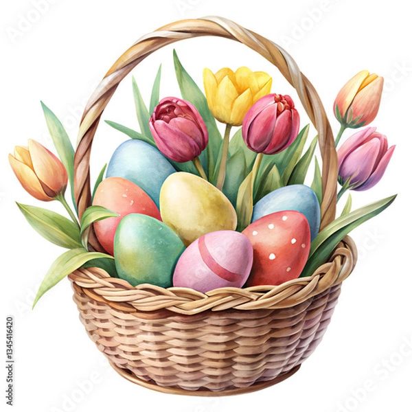 Fototapeta Elegant hand-painted watercolor Easter eggs in a woven basket with delicate flowers, isolated on a transparent background for seasonal and festive designs