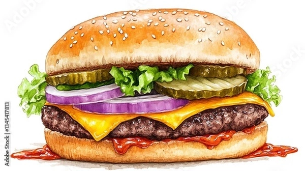 Fototapeta Juicy Burger Delight With Fresh Vegetables and Sesame Seed Bun for a Delicious Fast Food Treat