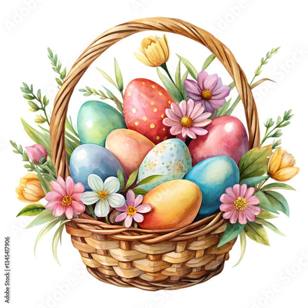 Fototapeta Beautiful hand-drawn watercolor Easter eggs in a rustic basket adorned with delicate flowers, isolated on a transparent background for design use